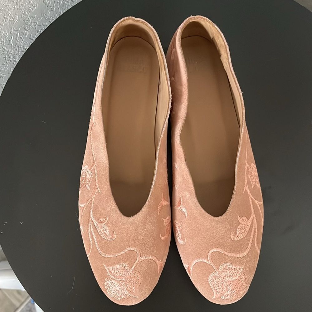 HUMA BLANCO (Anthropologie) Dorotea Rose Pink Suede Embroidered Flats, Size 7 - Picture 2 of 10